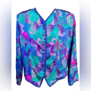VTG Castleberry Womens Jacket Blazer Blue Purple Satin Button Down S/M